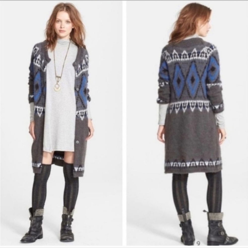 Free People Frosted Fair Isle Wool Mohair Long Cardigan Sweater Women's Size XS